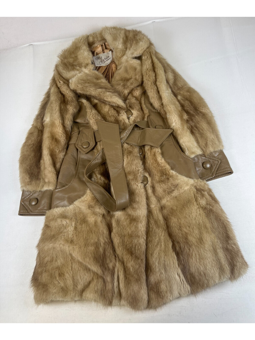 Vintage Furs by Arpin Women Small Real Fur Coat Leather Belted Luxury Jacket